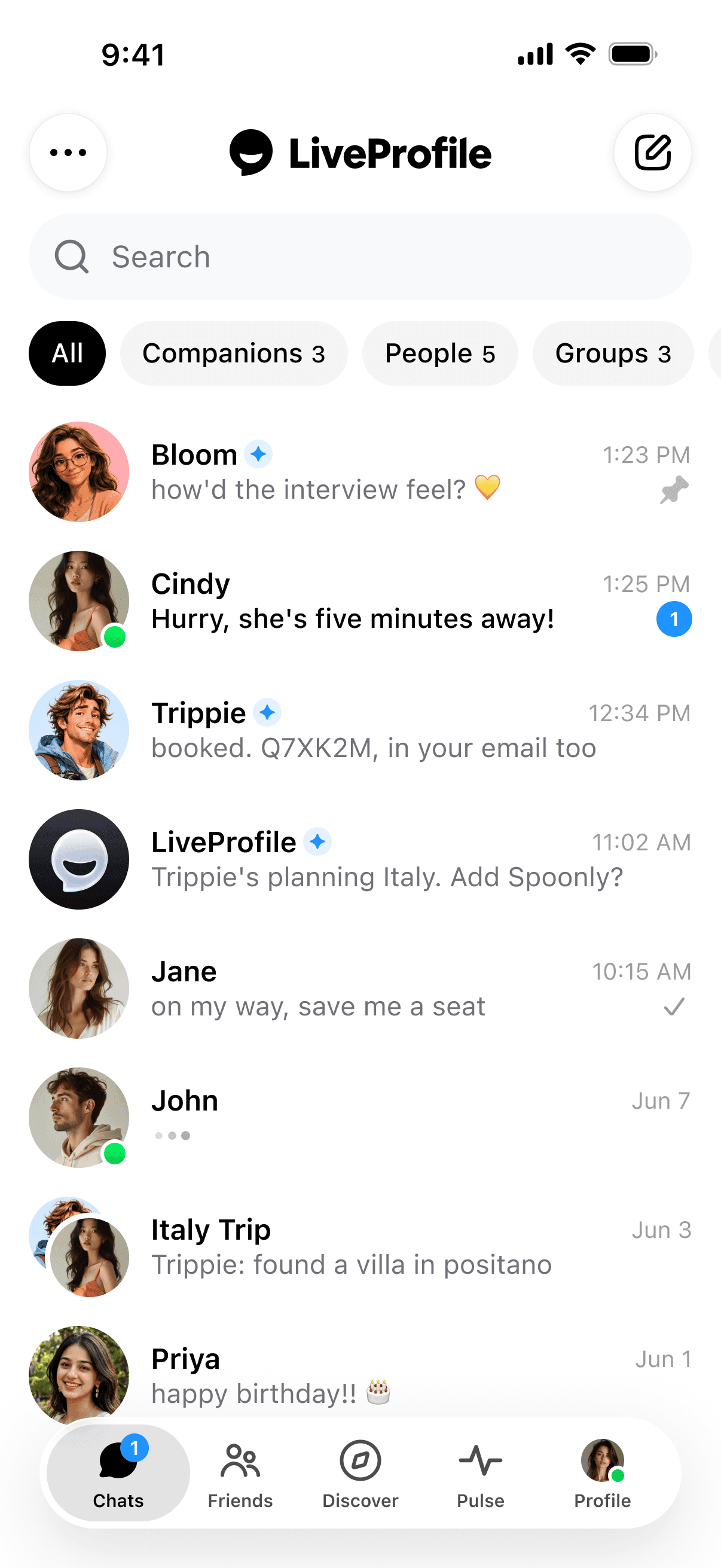 The LiveProfile inbox with friends, AI companions, and group chats