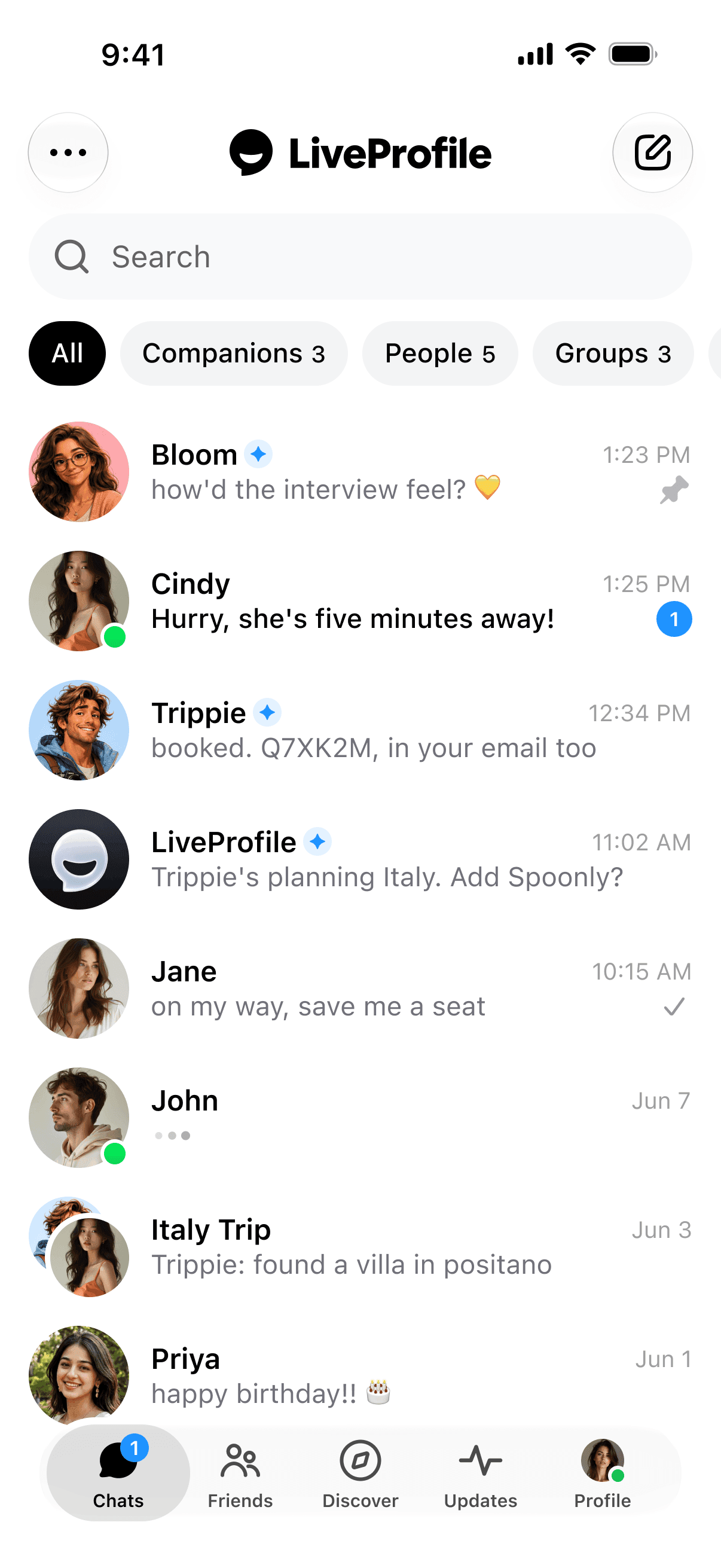 The LiveProfile inbox with friends, AI companions, and group chats